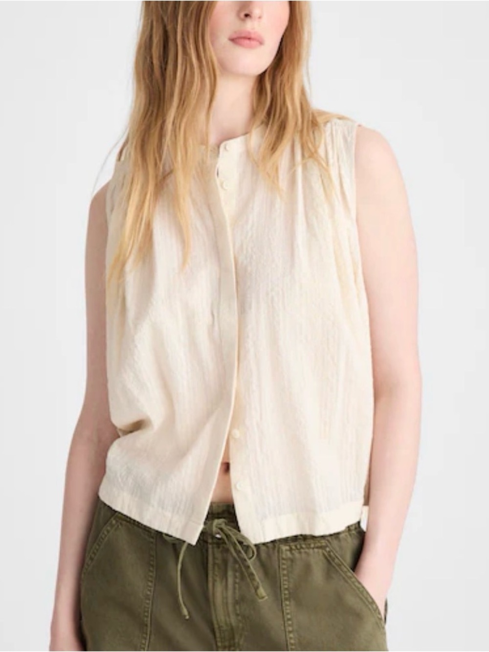 NWT Madewell Shirred Button-Up Cotton Cream Sleeveless Blouse, Small